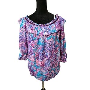 Lilly Pulitzer- Ceecee, Turquoise Oasis Off/On the shoulder Top-Size Large